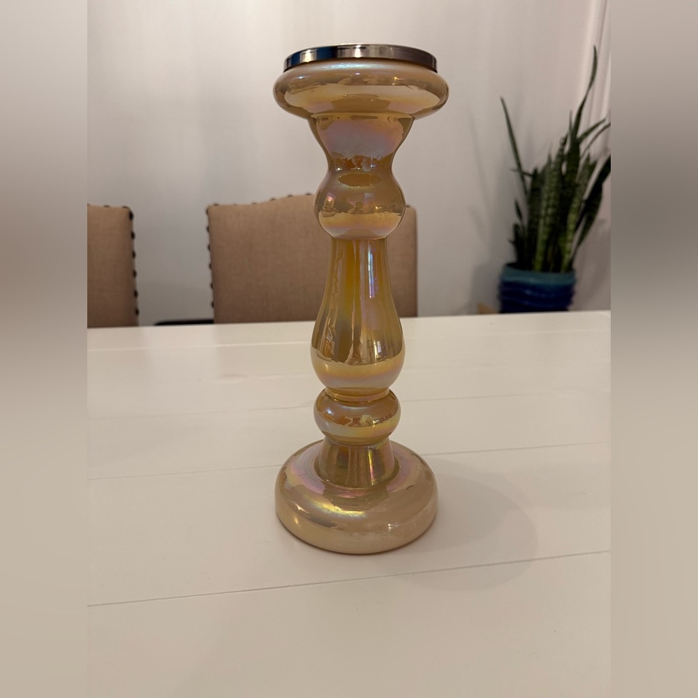 Beautiful Peach-pink-gold irresdiscent glass candle holder. H' 12”